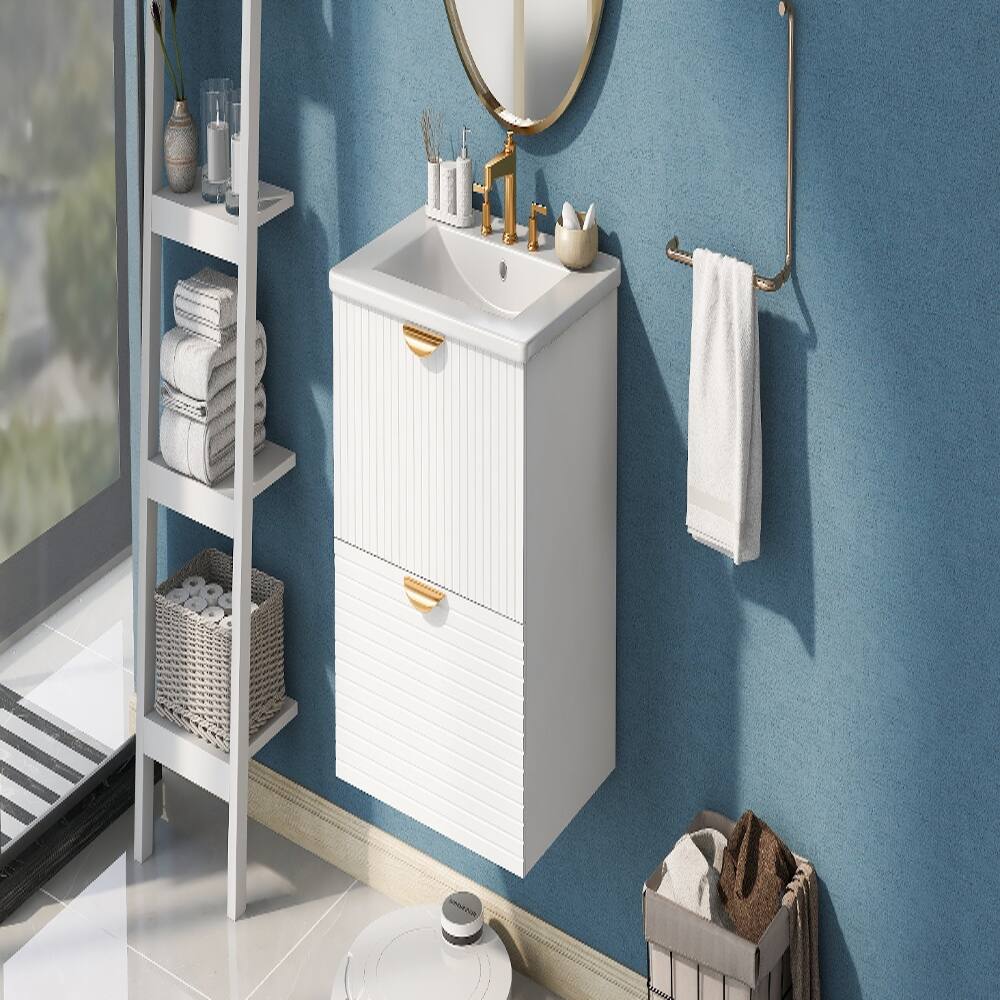 Alt View 1. Loheer - Loheer 24 inch wall mounted bathroom vanity White Floating Vanity with Sink 2 Drawer Bathroom Cabinet - White.
