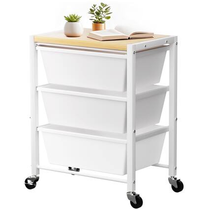 Front. JETRANSPORT - Rolling Cart With 5 Drawers Plastic Drawer Storage Carts Wheels & Wooden Tabletop Metal Utility - Bright White 3-Drawer.