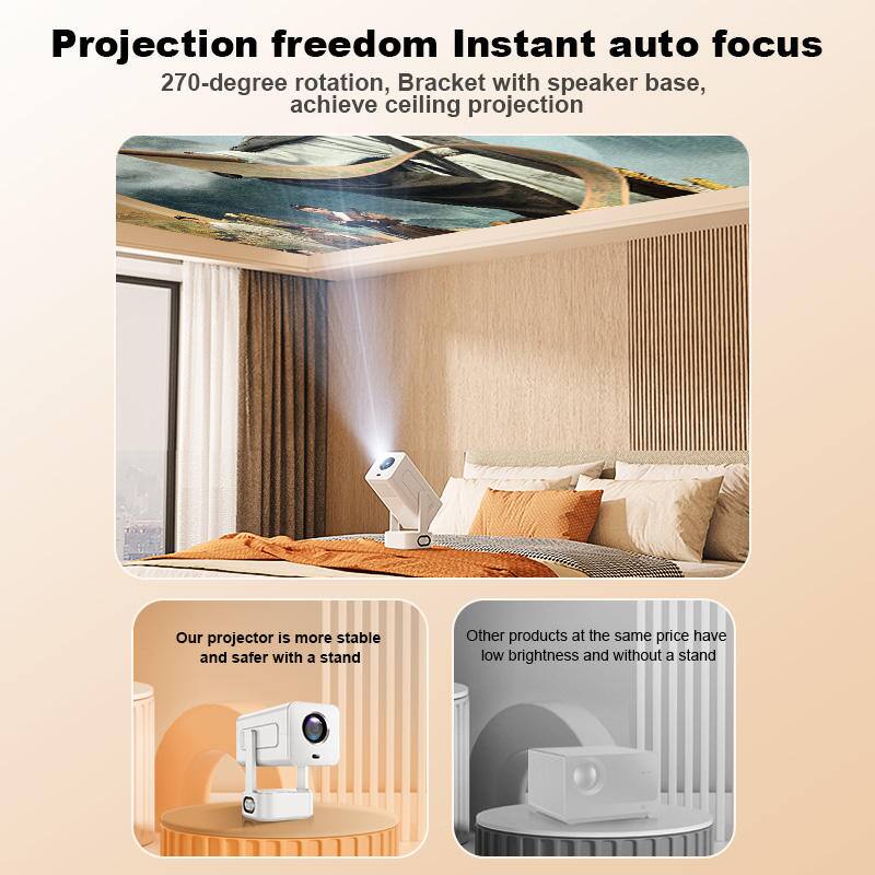 Projection freedom  
Instant auto focus  
270-degree rotation, Bracket with speaker base, achieve ceiling projection  

Our projector is more stable and safer with a stand  

Other products at the same price have low brightness and without a stand