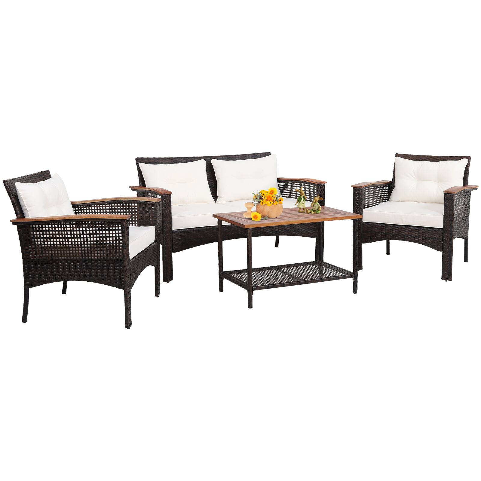 Alt View 1. Gymax - Gymax 4PCS Rattan Patio Furniture Set Acacia Wood Outdoor Conversation Set w/ Cushions - Off White.