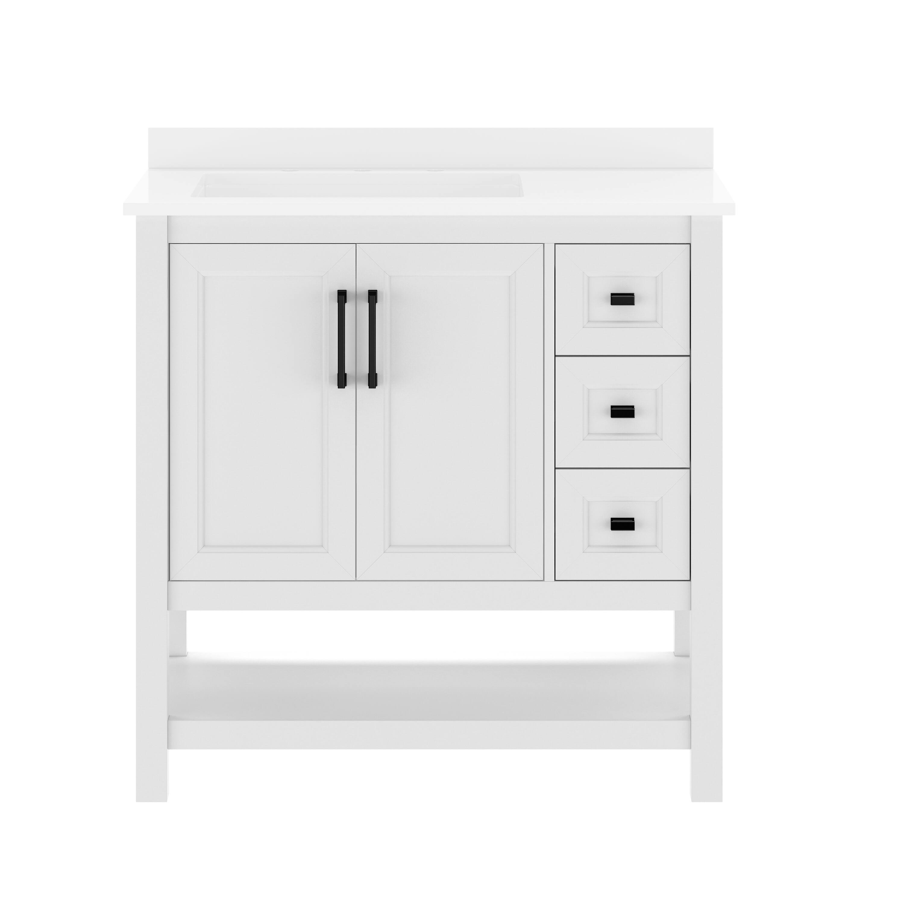 Angle. Flash Furniture - Vega 36" Bathroom Vanity with Sink, Cabinet with Black Hardware, Soft Close Doors, Open Shelf & 3 Drawers, Carrara Marbl - White.