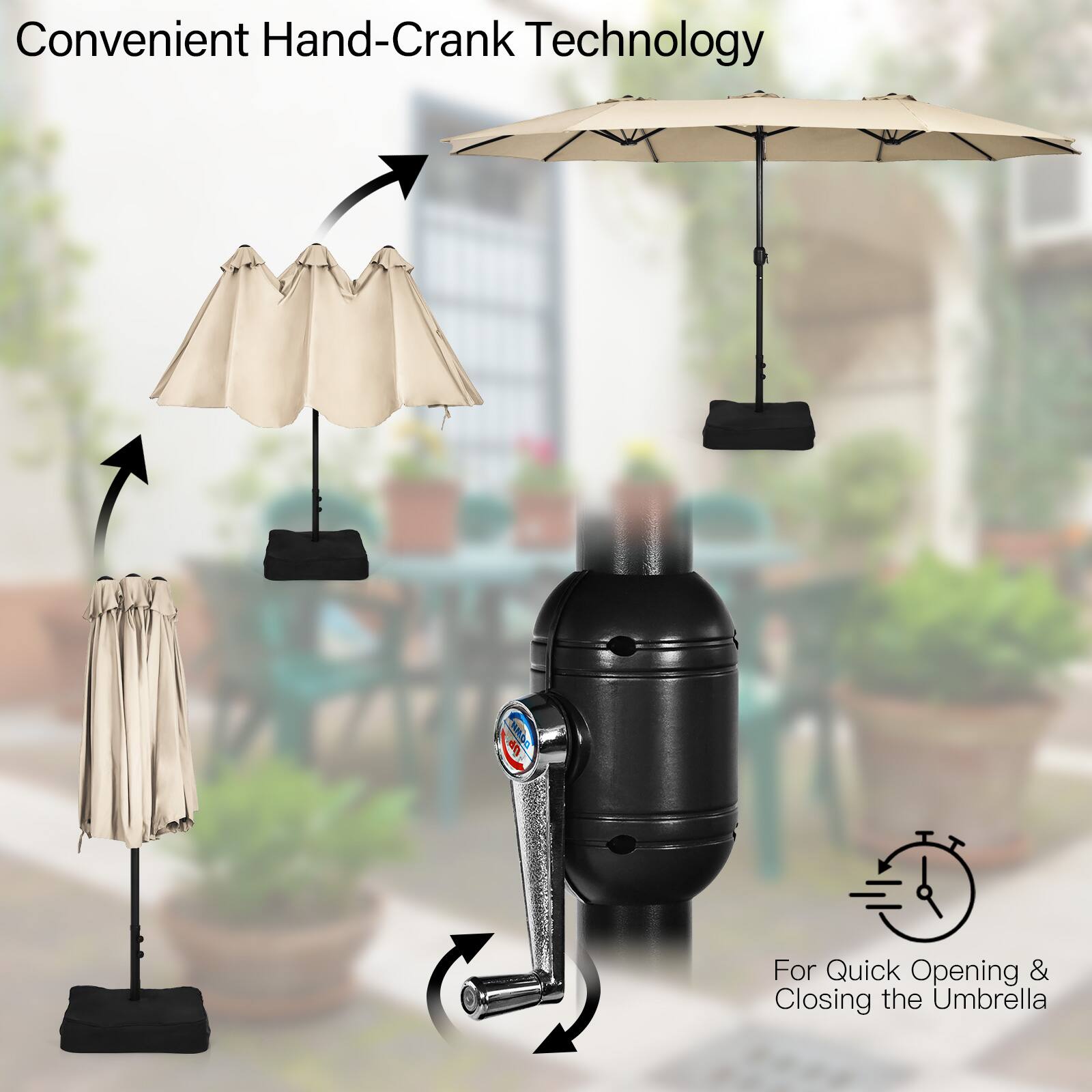 Convenient Hand-Crank Technology  
For Quick Opening & Closing the Umbrella