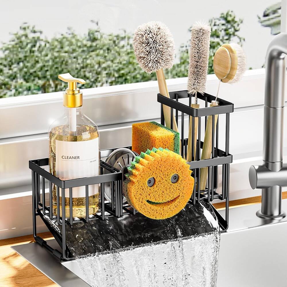 Front. PARKER SLATER - Sink Caddy – Black 304 Stainless Steel Smiley Face Sponge HolderPSAEE-0907-3573.