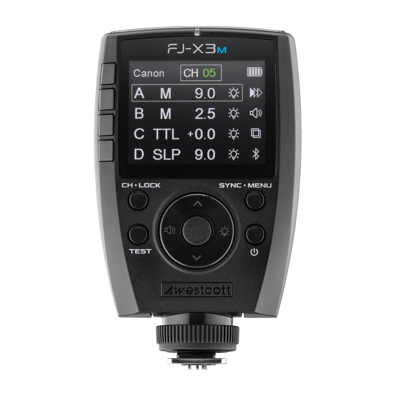 FJ-X3M  
Canon  
CH 05  
A M 9.0  
B M 2.5  
C TTL +0.0  
D SLP 9.0  
CH LOCK  
SYNC MENU  
TEST  
westcott