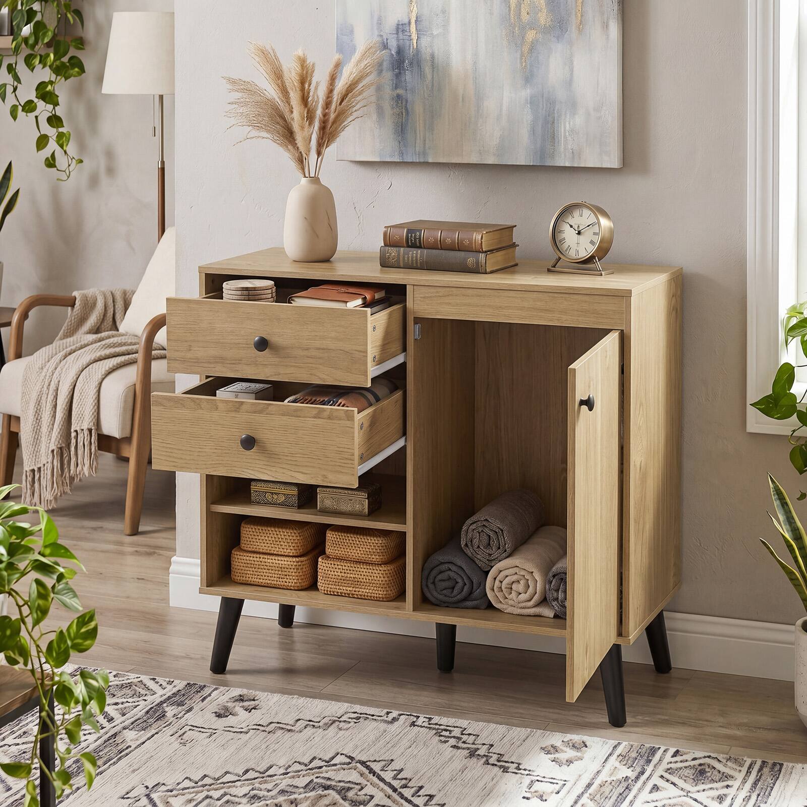 Alt View 3. Costway - Costway 31" Sideboard Credenza Buffet Cabinet with Storage & 2 Open Compartments - Natural.