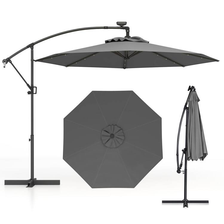 Alt View 3. Mondawe - 10 ft 360 Rotation Solar LED Offset Patio Umbrella with Cross Base - Gray.