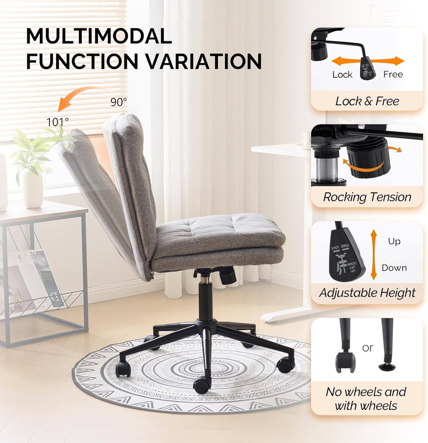 MULTIMODAL FUNCTION VARIATION

- Lock Free 90°
- Lock & Free 101°
- Rocking Tension
- Adjustable Height (Up/Down)
- No wheels and with wheels