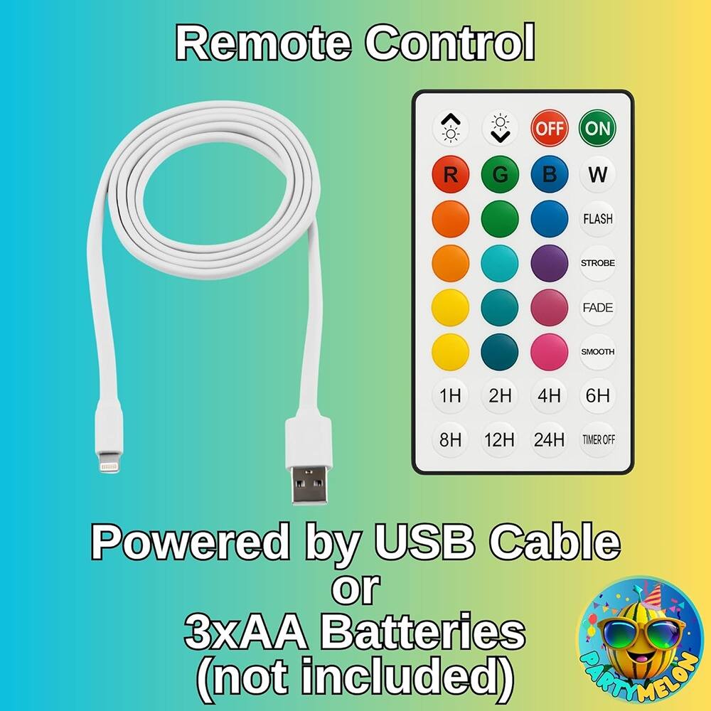 Remote Control

- OFF
- ON
- R
- G
- B
- W
- FLASH
- STROBE
- FADE
- SMOOTH
- 1H
- 2H
- 4H
- 6H
- 8H
- 12H
- 24H
- TIMER OFF

Powered by USB Cable or 3xAA Batteries (not included)