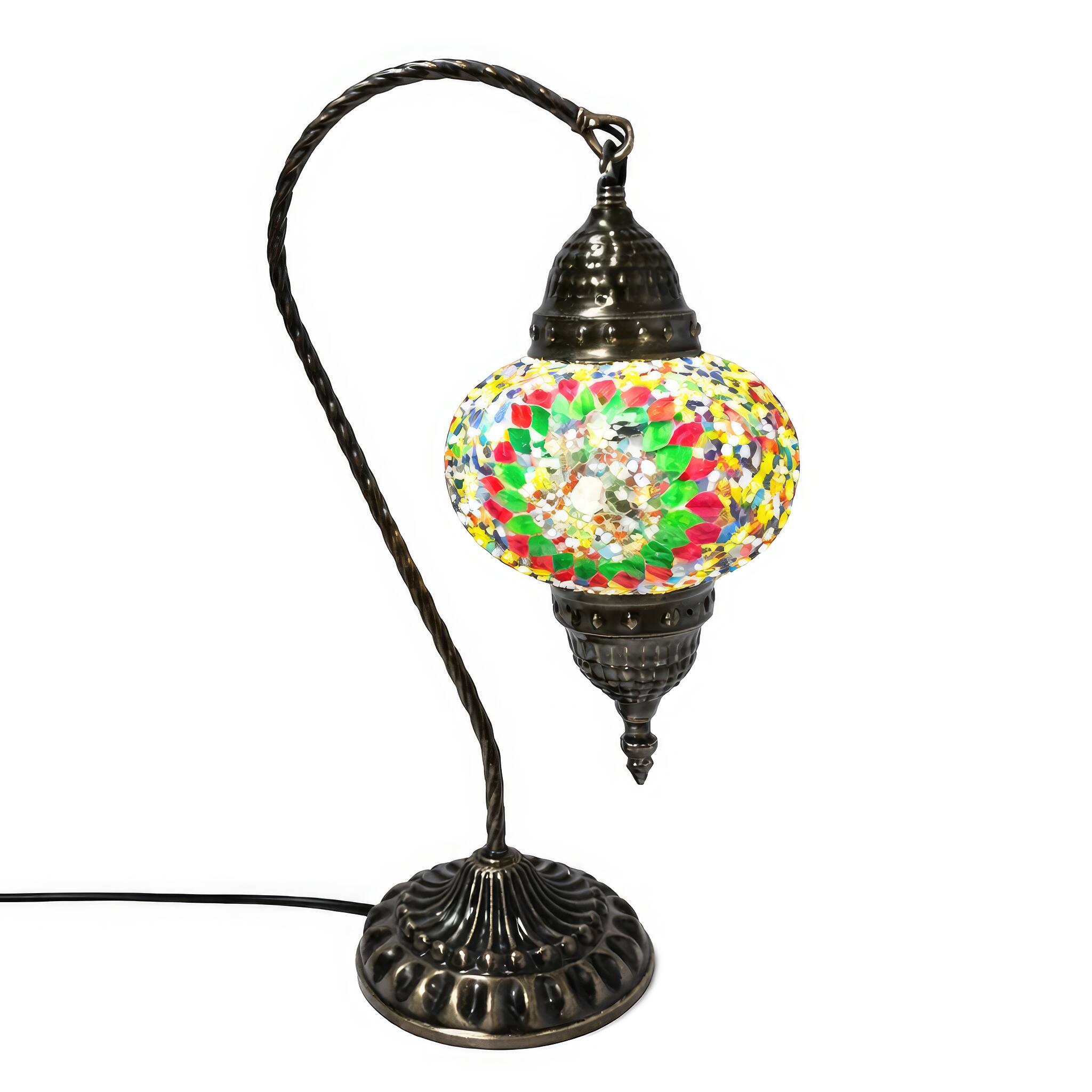 Angle. FC Design - 17"H Bronze Swan Base Flowery Red–Green Mosaic Turkish Lamp.