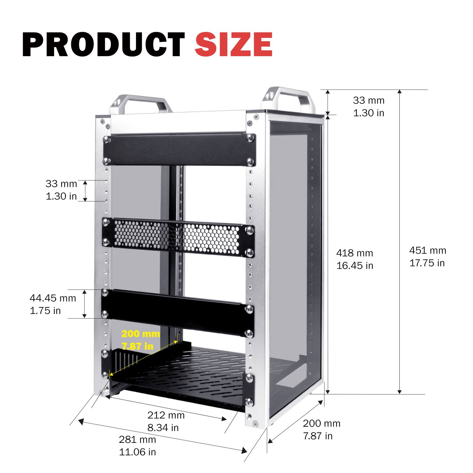 PRODUCT SIZE

33 mm 1.30 in

418 mm 16.45 in

451 mm 17.75 in

44.45 mm 1.75 in

200 mm 7.87 in

212 mm 8.34 in

281 mm 11.06 in