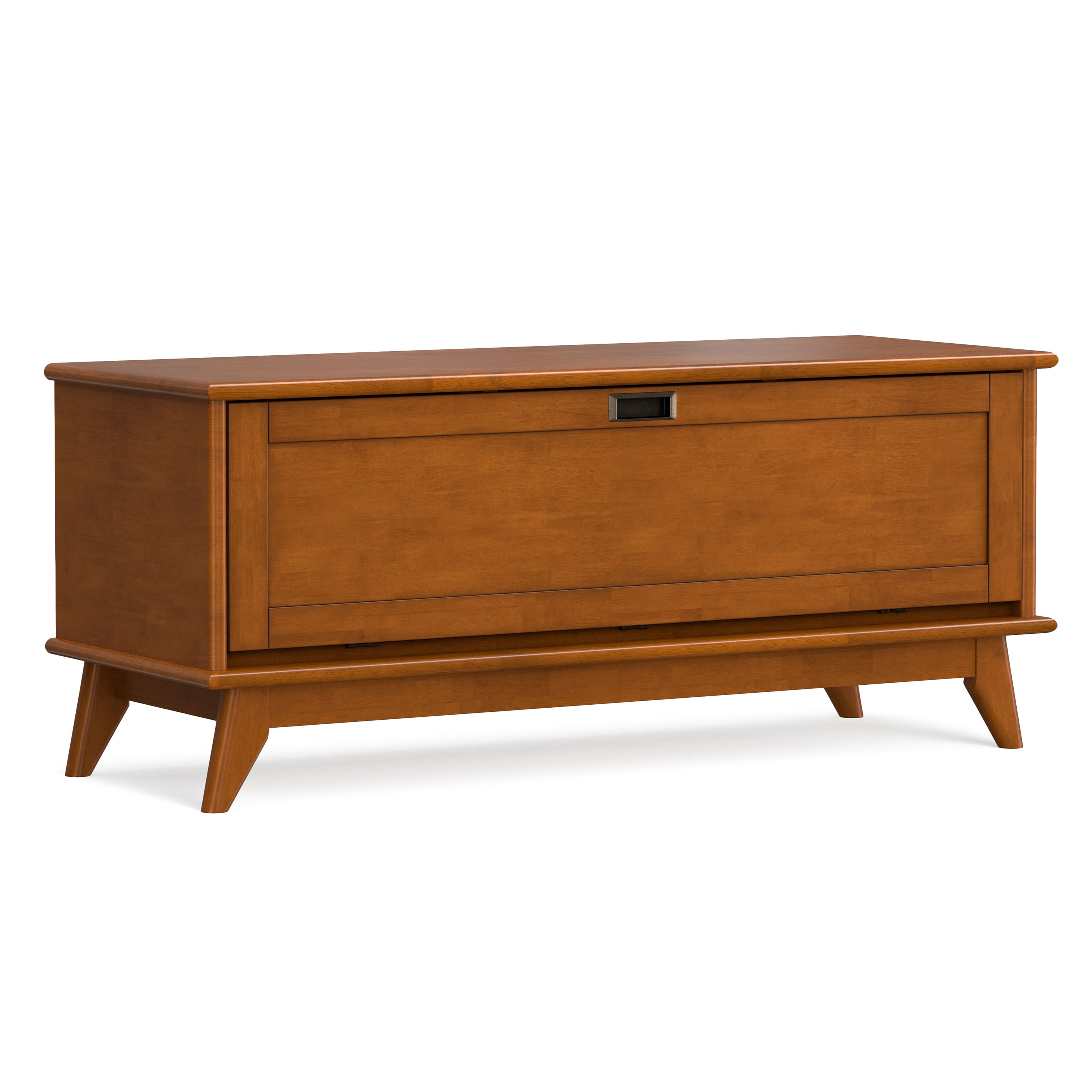 Simpli Home - Draper 44 inch Wide Solid Wood Mid Century Flip-Down Storage Bench - Teak Brown
