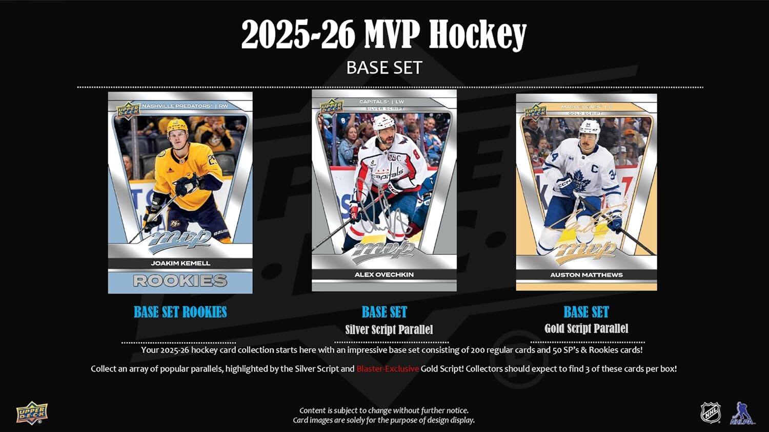 2025-26 MVP Hockey BASE SET

NABHVILLE PULDATORU DW UPPE DECH BO CAPITALS LW ESO SU MARLELEAFS IC UPPER SEER

2 TO BAUS mop JOAKIM KEMELL ROOKIES SDC mop ALEX OVECHKIN 8 C & 7 mup AUSTON MATTHEWS

BASE SET ROOKIES BASE SET BASE SET

Silver Script Parallel Gold Script Parallel

Your 2025-26 hockey card collection starts here with an impressive base set consisting of 200 regular cards and 50 SP's & Rookies cards! Collect an array of popular parallels, highlighted by the Silver Script and Blaster-Exclusive Gold Script! Collectors should expect to find 3 of these cards per box!

UPPER DECK

Content is subject to change without further notice. Card images are solely for the purpose of design display.

NHL