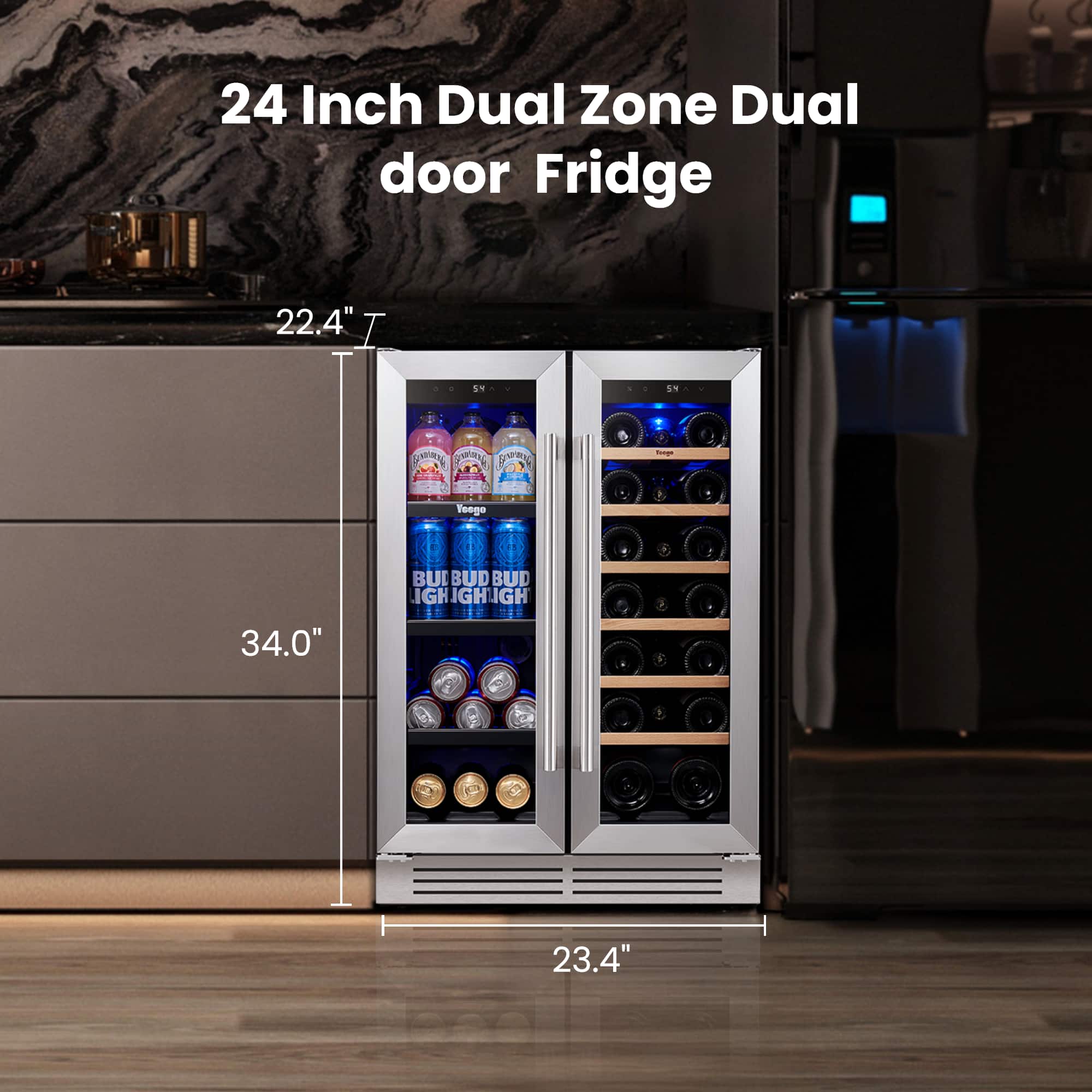 24 Inch Dual Zone Dual door Fridge 22.4" I CRN am V - Vosgo 34.0" BUL BUD BUD IGH JGHIGH 23.4"
