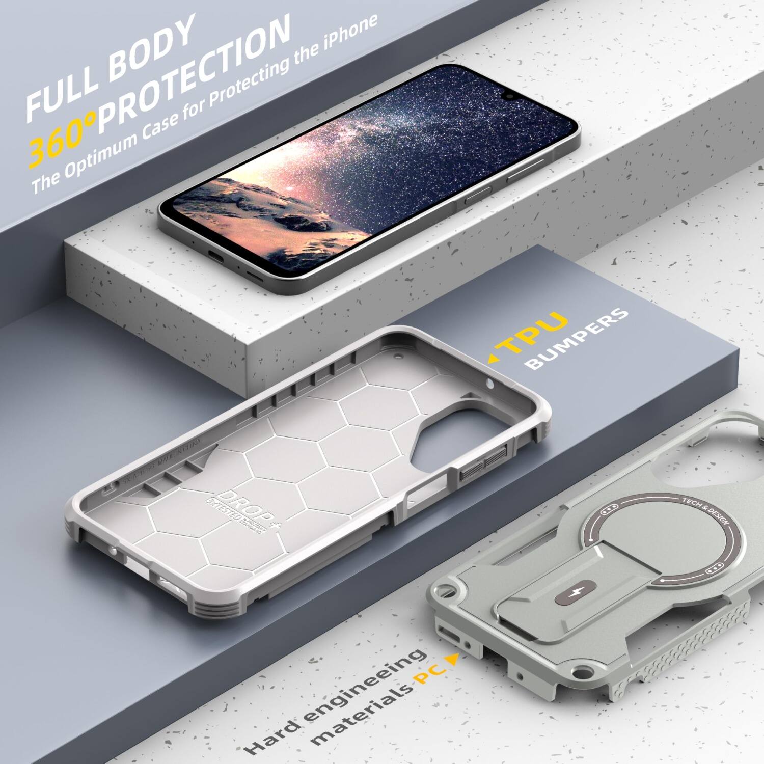 FULL BODY 360° PROTECTION  
The Optimum Case for Protecting the iPhone

TPU BUMPERS

Hard engineering materials PC