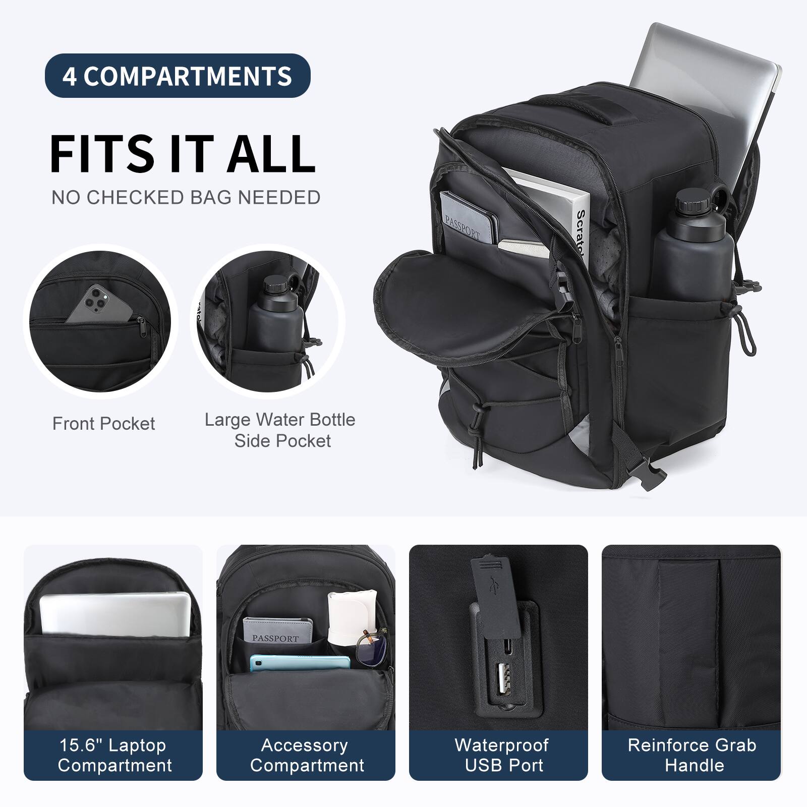 4 COMPARTMENTS  
FITS IT ALL  
NO CHECKED BAG NEEDED  

- Front Pocket  
- Large Water Bottle Side Pocket  
- 15.6" Laptop Compartment  
- Accessory Compartment  
- Waterproof USB Port  
- Reinforce Grab Handle