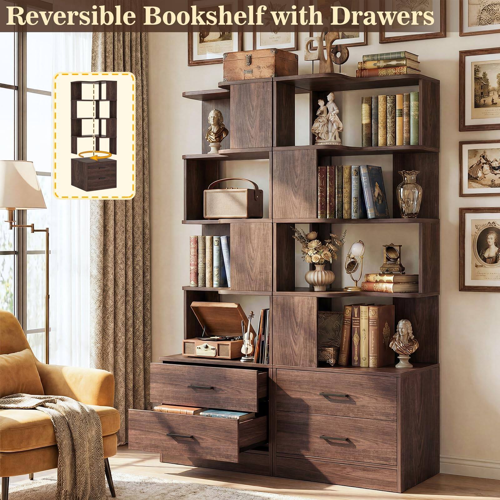 Aheaplus 2 Piece Set 7 Tier L Shaped Corner Bookshelf with 2 Drawers ...