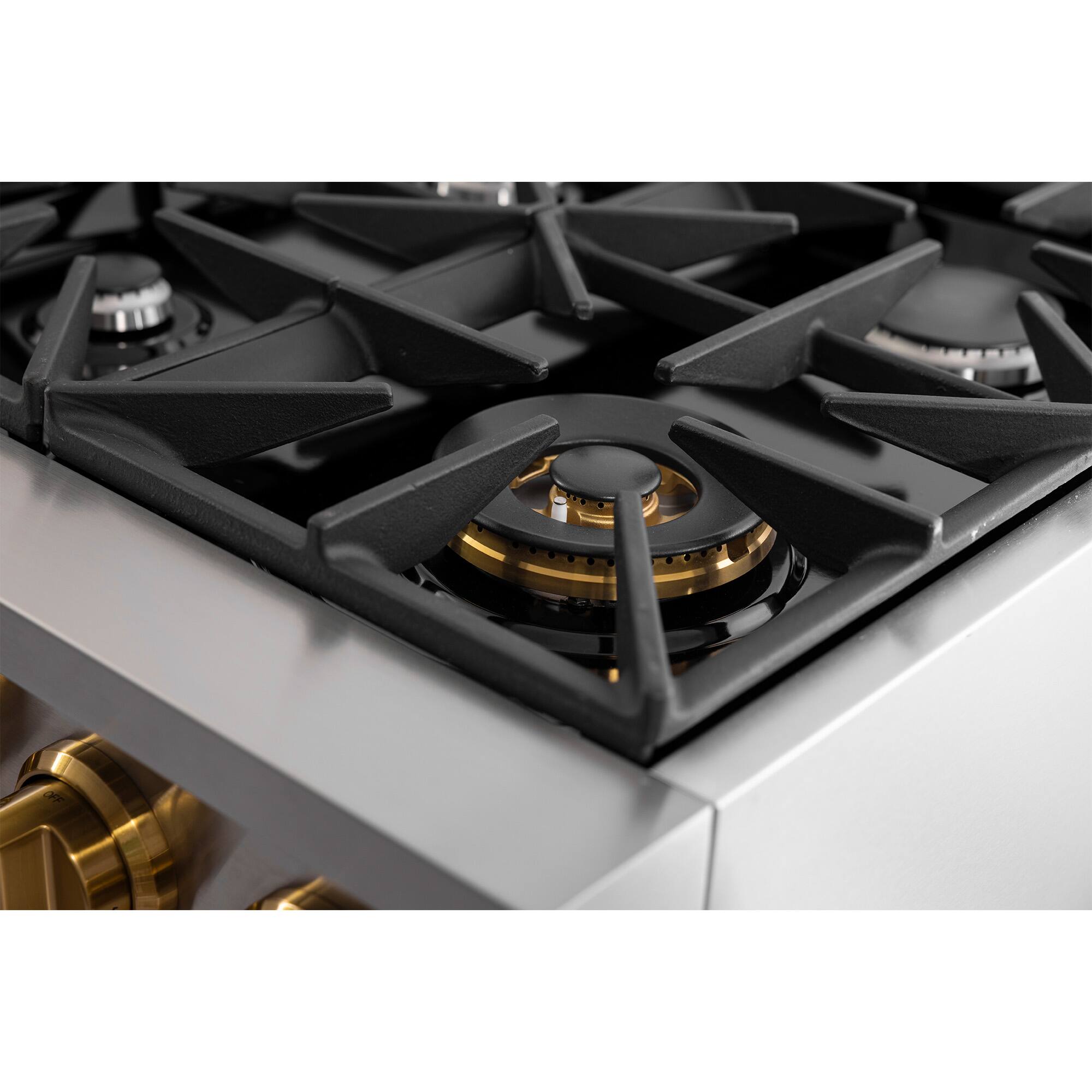 Alt View 1. Kucht - 36 in. 5.2 cu. ft. 6 Burners Dual Fuel Range for Propane Gas in Stainless Steel and Gold + Under Cabinet Range Hood - Stainless Steel with Gold Accents.