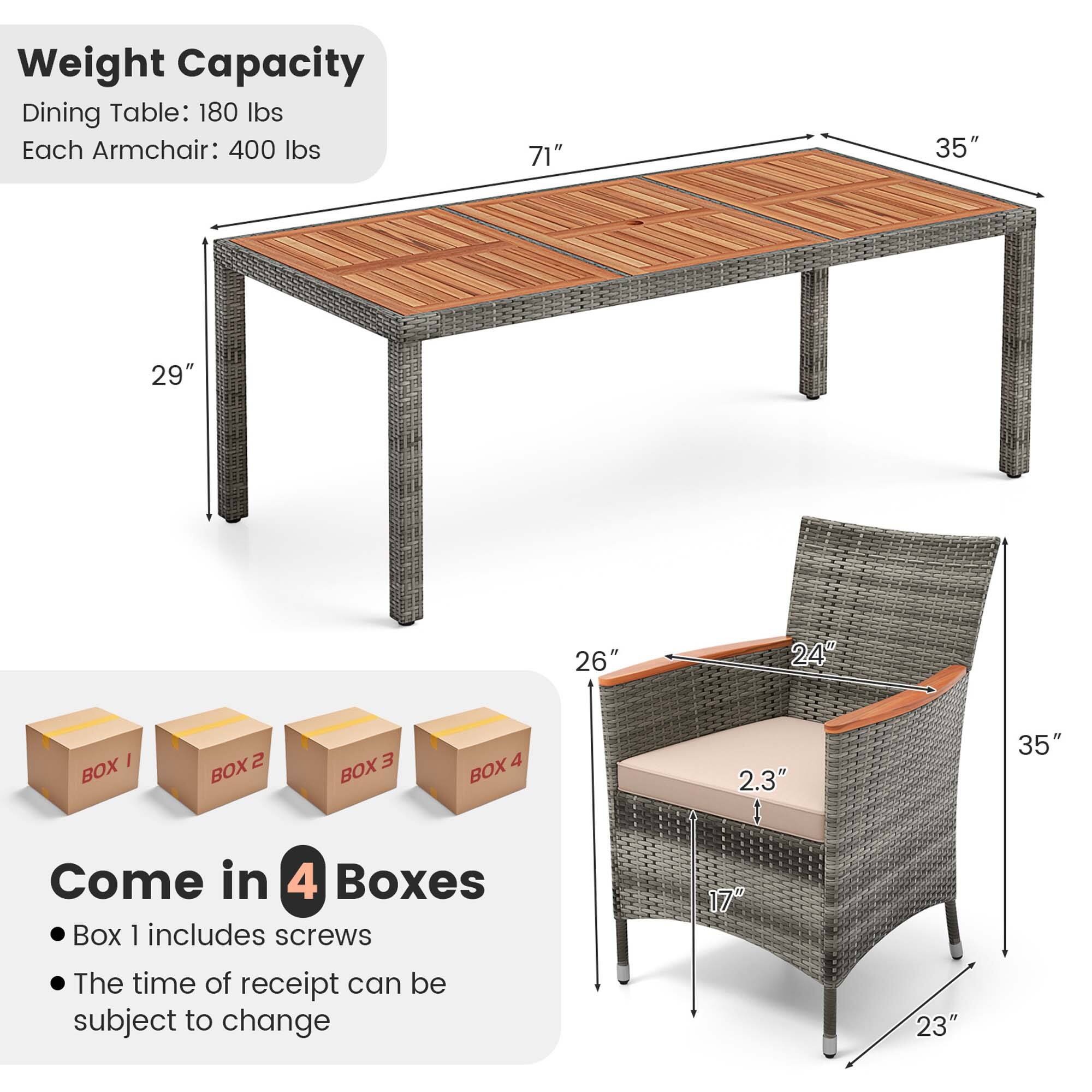 Weight Capacity  
Dining Table: 180 lbs  
Each Armchair: 400 lbs  

71" x 35"  
29"  
26"  
24"  
2.3"  
35"  
17"  
23"  

Come in 4 Boxes  
Box 1 includes screws  
The time of receipt can be subject to change