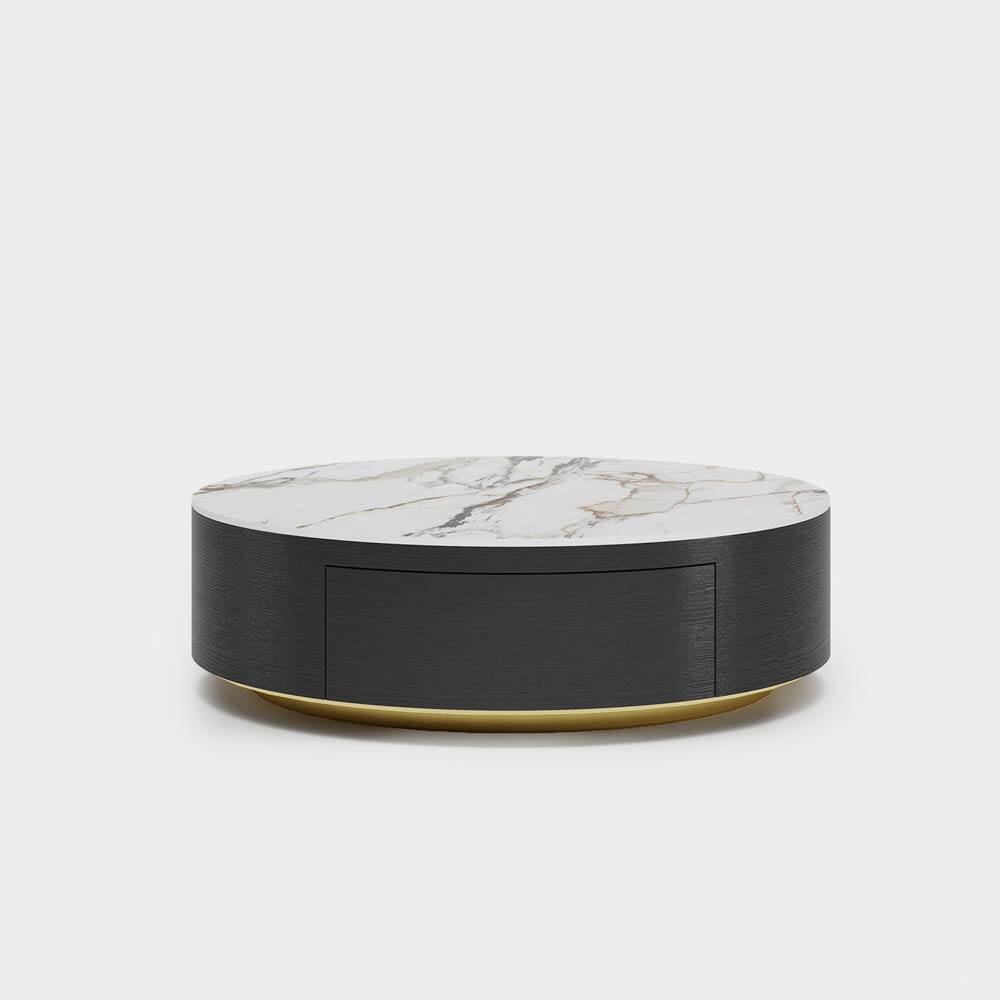 Alt View 7. POVISON - 35" Modern WoodRound Drum Sintered Stone Coffee Table with 2 Drawers Fully Assembled, Black & White - White & Black.