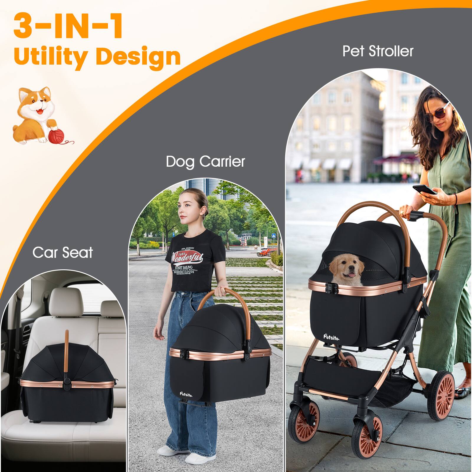 3-IN-1 Utility Design

- Dog Carrier
- Car Seat
- Pet Stroller