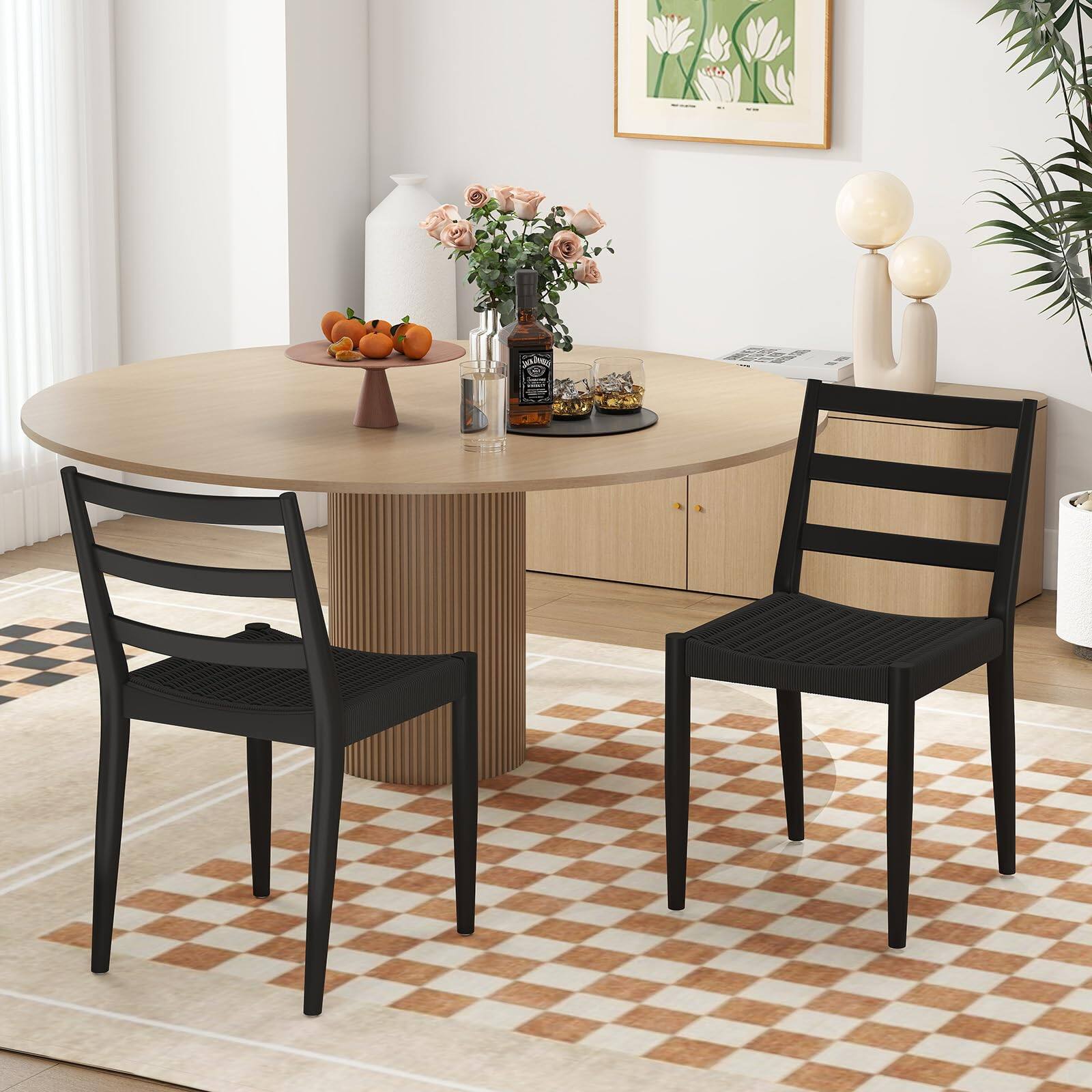 Angle. Bestier - Dining Chairs with Curved Wooden Backrest, Woven Rope Seat and Solid Wood Tapered Legs - black.
