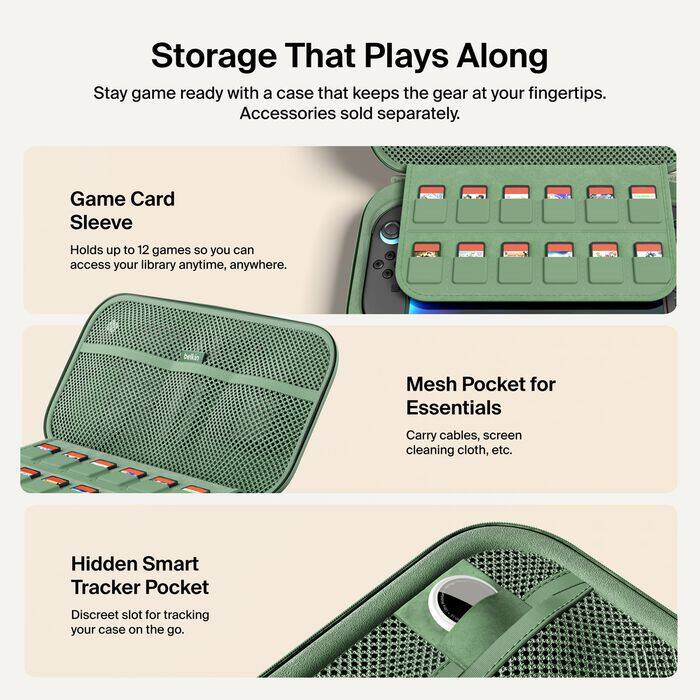 Storage That Plays Along  
Stay game ready with a case that keeps the gear at your fingertips. Accessories sold separately.  

Game Card Sleeve  
Holds up to 12 games so you can access your library anytime, anywhere.  

Mesh Pocket for Essentials  
Carry cables, screen cleaning cloth, etc.  

Hidden Smart Tracker Pocket  
Discreet slot for tracking your case on the go.