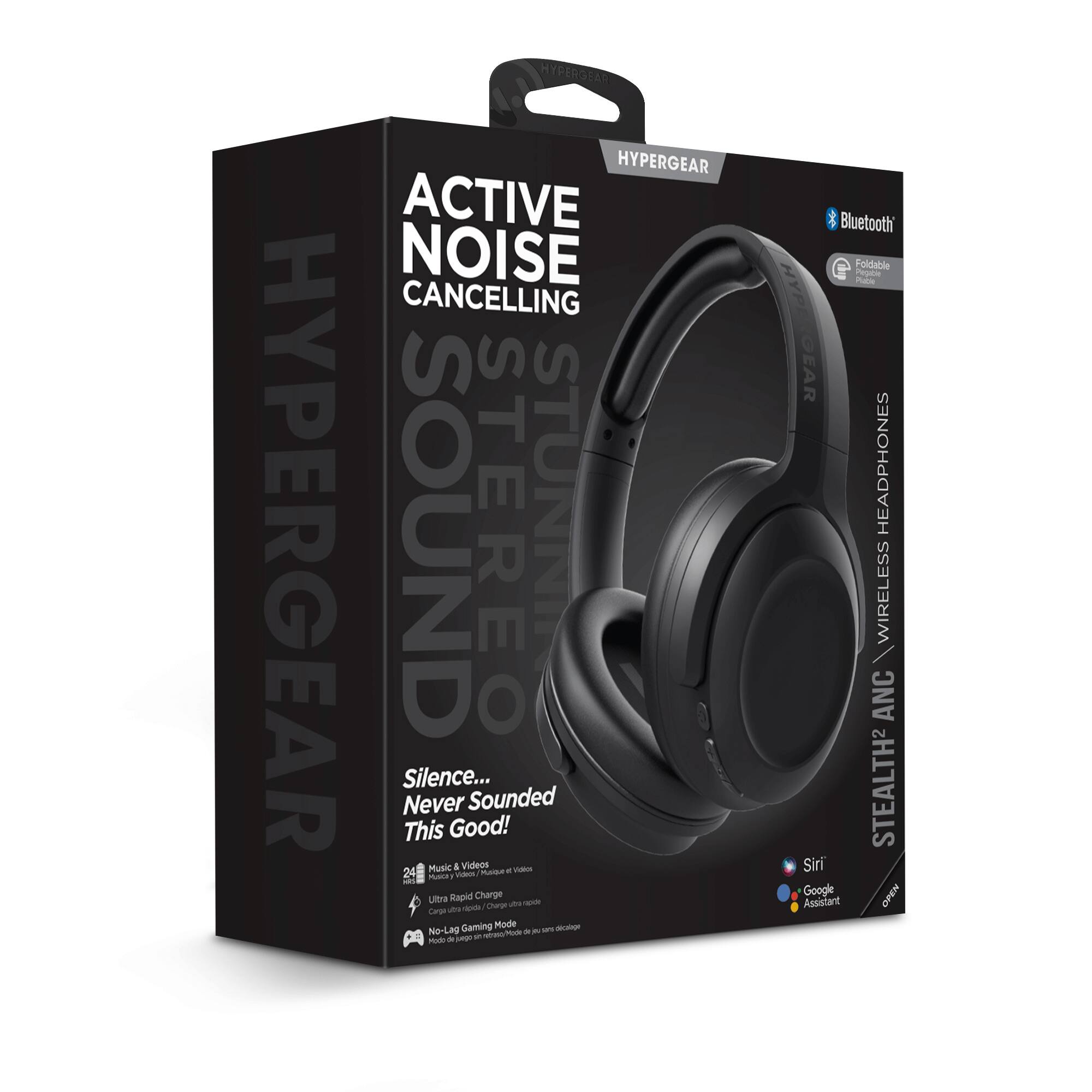 HYPERGEAR ACTIVE NOISE CANCELLING HYPERGEAR SOUND STEREO STUNNING Silence... Never Sounded This Good! Music & Videos 24 Muna - La Rapid Charge chare -h - Caran -n - g Gaming Mode - d No-L - - - - de ima - - Bluetooth Foldable Pegen HYP P GEAR HEADPHONES WIRELESS ANC STEALTH2 Siri Google OPEN Assistant