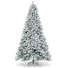Gymax - 9ft Snow Flocked Hinged Artificial Christmas Tree Unlit Holiday Decor - Green
