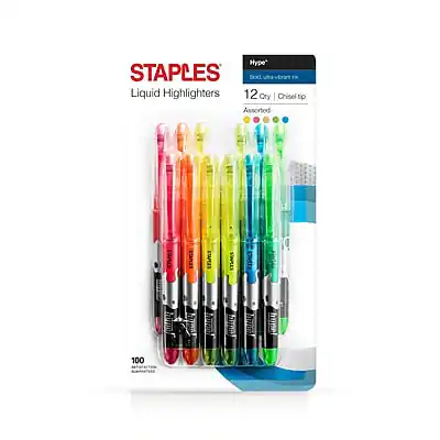 STAPLES
Liquid Highlighters
12 Qty
Chisel tip
Assorted Colors
Hype*
100% Recyclable Packaging