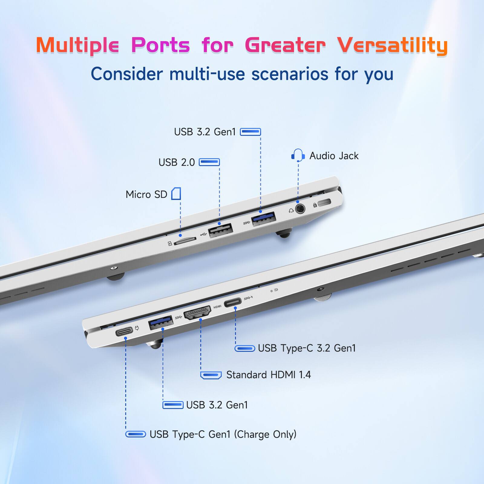 Multiple Ports for Greater Versatility  
Consider multi-use scenarios for you  

- USB 3.2 Gen1  
- USB 2.0  
- Micro SD  
- Audio Jack  
- USB Type-C 3.2 Gen1  
- Standard HDMI 1.4  
- USB 3.2 Gen1  
- USB Type-C Gen1 (Charge Only)