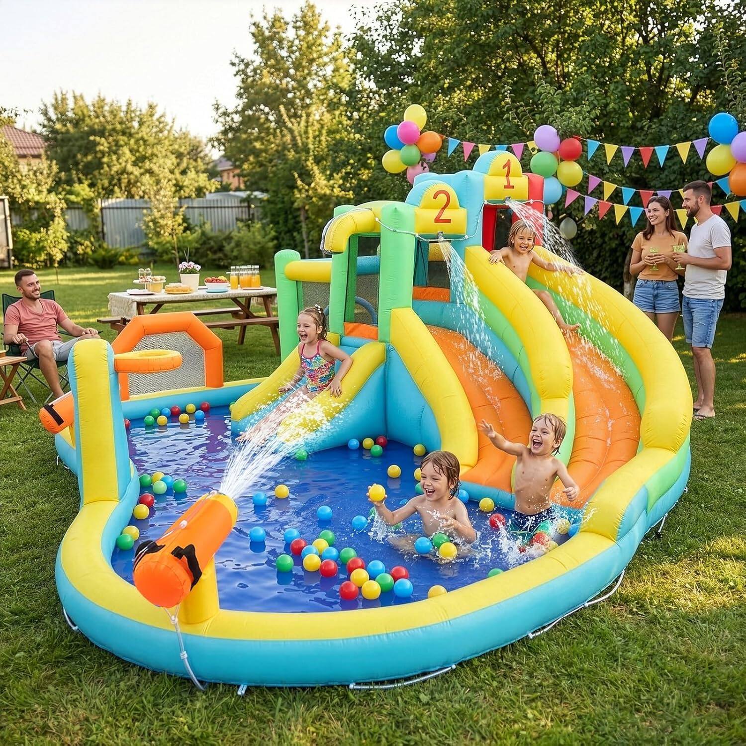Alt View 1. Winado - Inflatable Bounce House, Jumping Outdoor Air Castle Children Bouncer Double Long Water Slide with 750W Air-Blower.