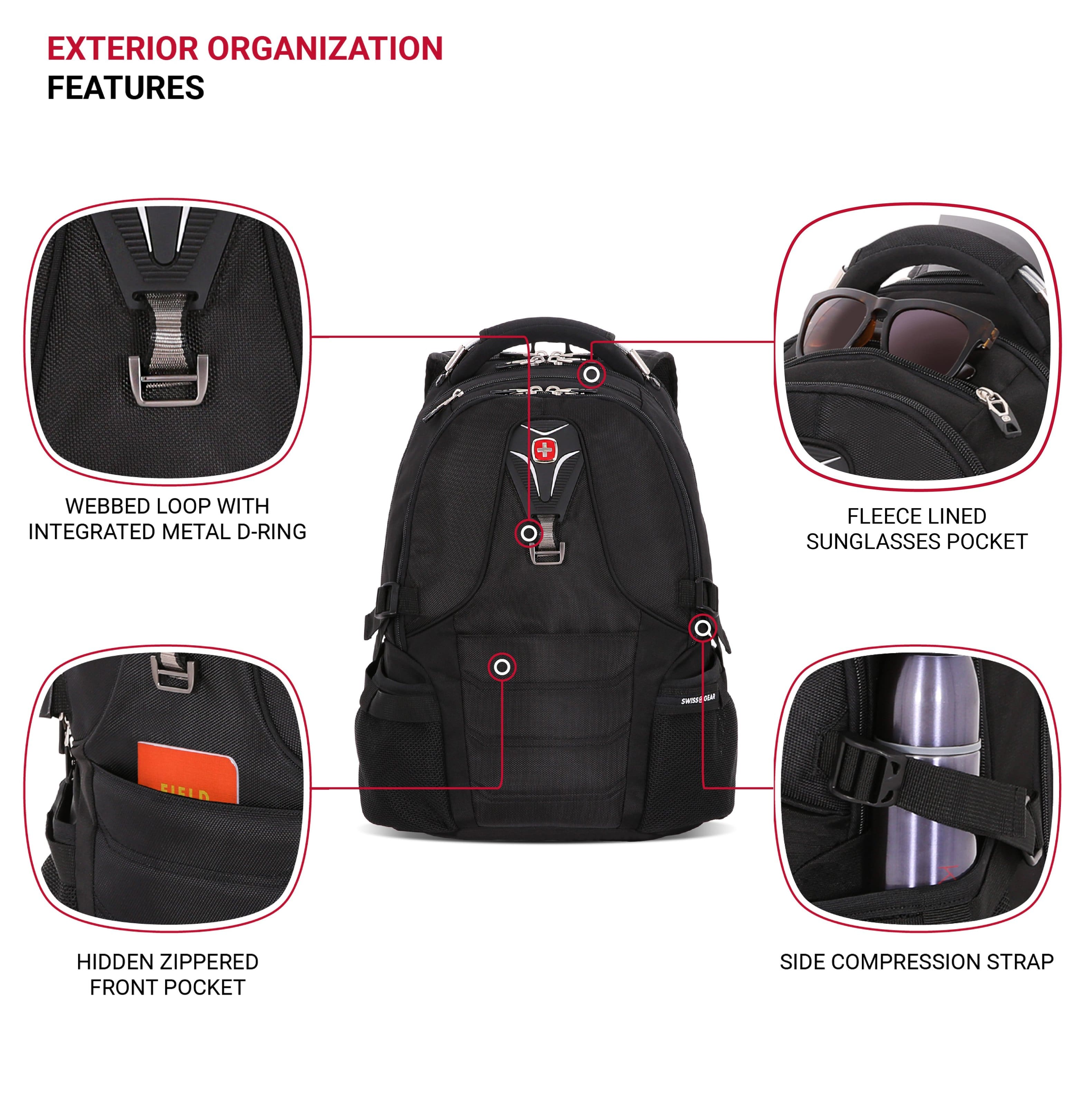 EXTERIOR ORGANIZATION FEATURES:
1. Webbed loop with integrated metal D-ring
2. Fleece lined sunglasses pocket
3. Hidden zippered front pocket
4. Side compression strap