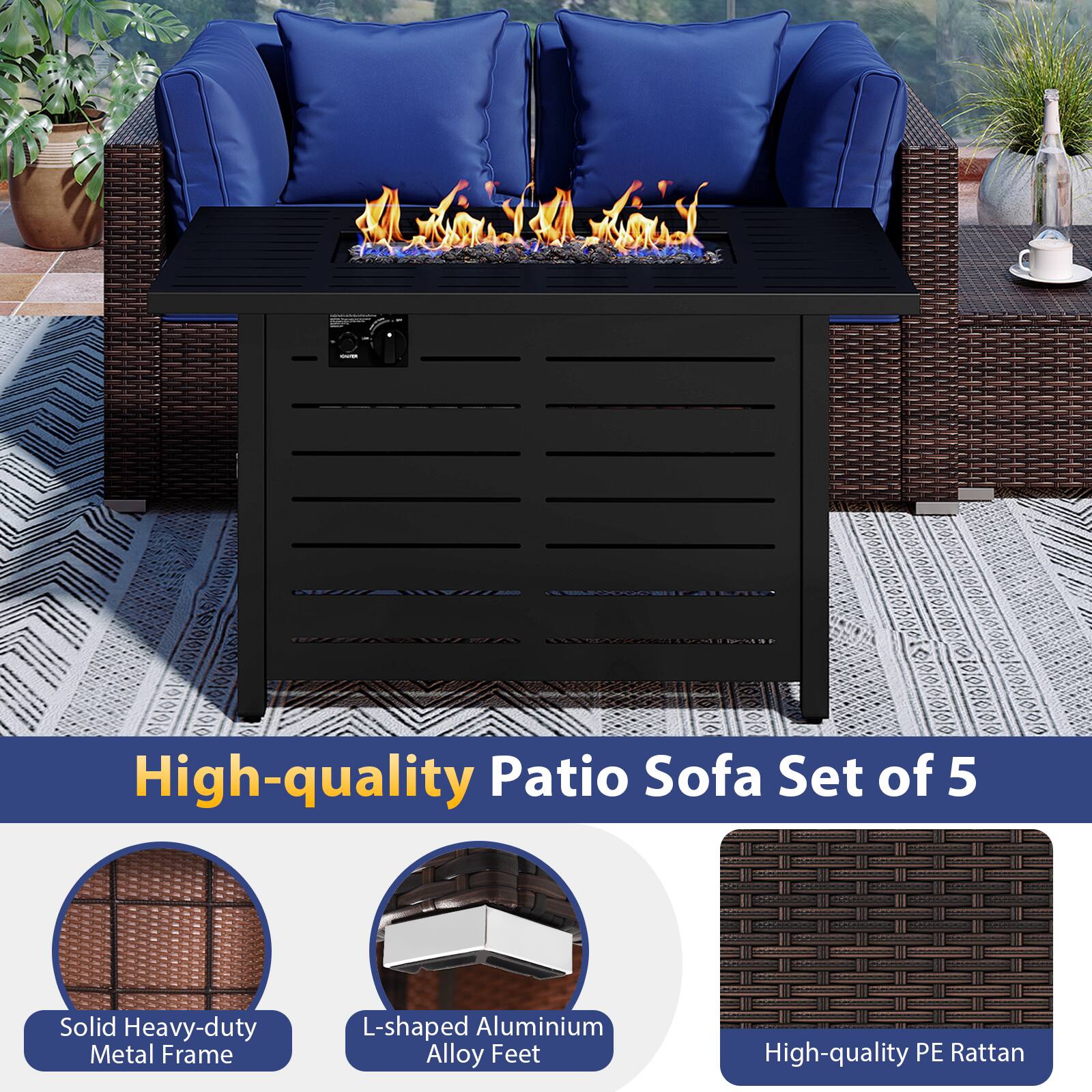 High-quality Patio Sofa Set of 5

- Solid Heavy-duty Metal Frame
- L-shaped Aluminium Alloy Feet
- High-quality PE Rattan