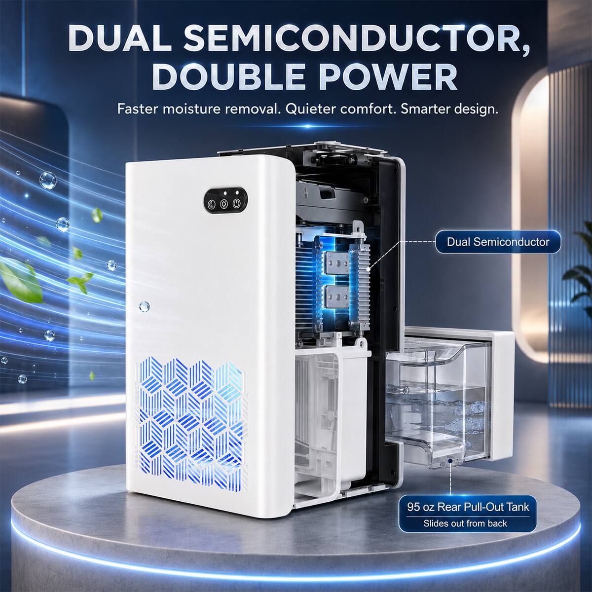 DUAL SEMICONDUCTOR, DOUBLE POWER  
Faster moisture removal. Quieter comfort. Smarter design.  

Dual Semiconductor  

95 oz Rear Pull-Out Tank  
Slides out from back