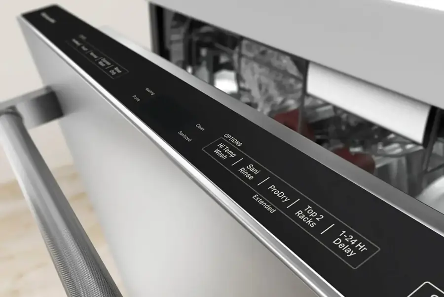 The text on the image states that the dishwasher has various options, including Mashing, Drying, Clean, Sanitized, Hi OPTIONS, Wash Temp, Rinse, Sani, Extended ProDry, Racks, Top 2, 1, and 1-24. It also indicates that there is a delay function available for up to 24 hours.