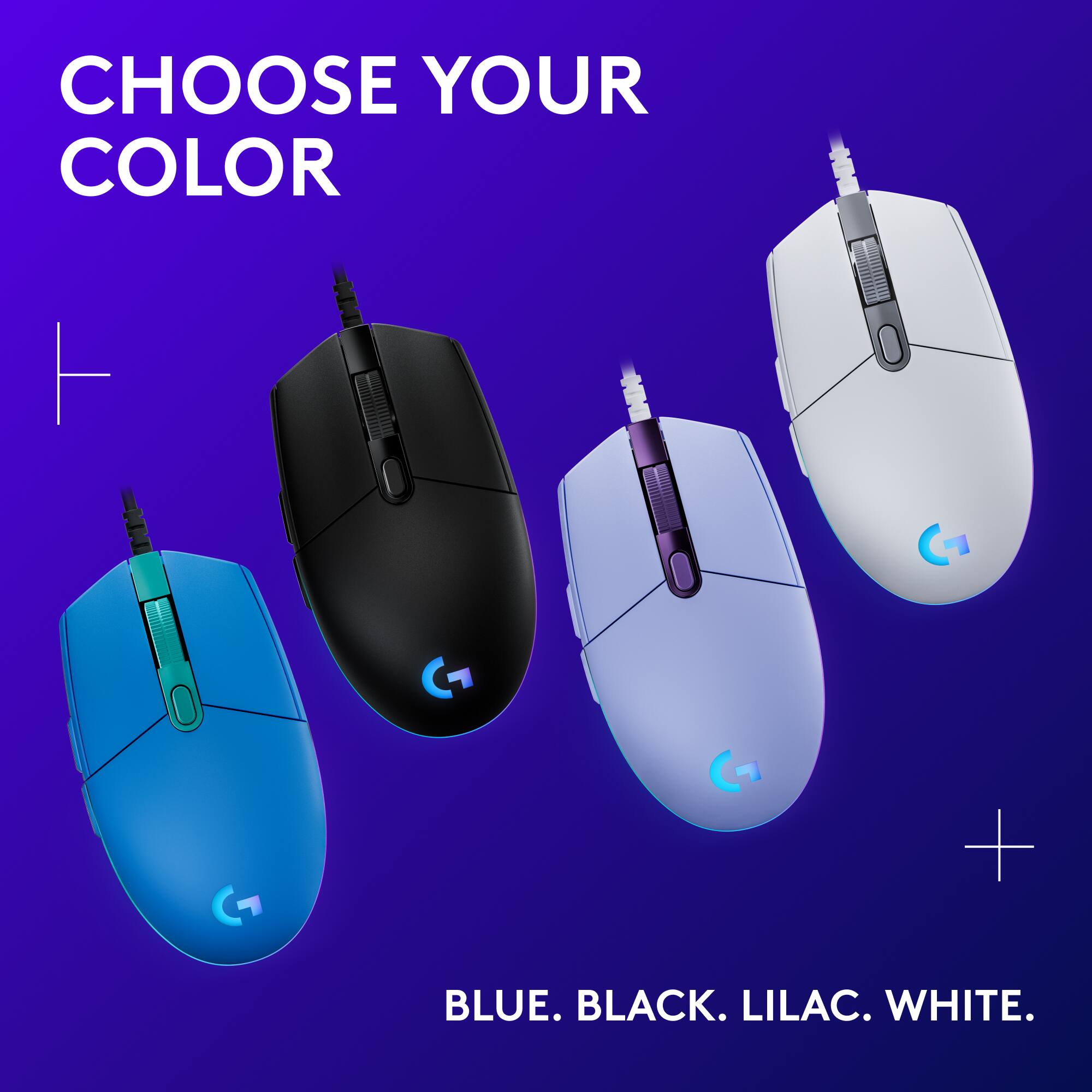 Choose your color: Blue, Black, Lilac, White.