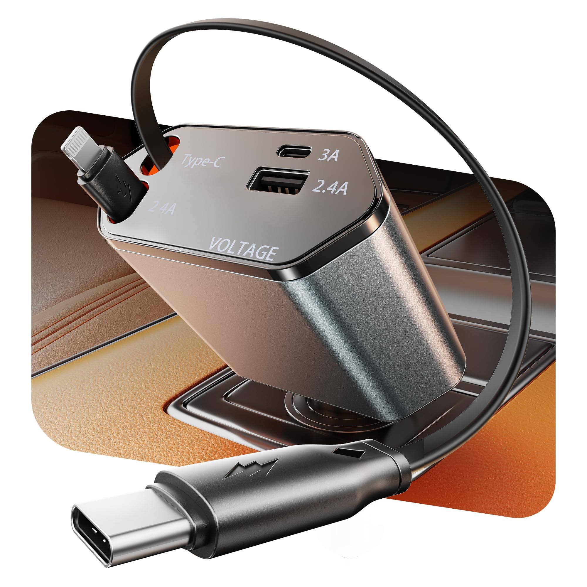 ESBANY - 100W Retractable Car Charger, 4-in-1 Fast Car Phone Charger Featuring a 2.6ft Retractable Cord, with Lightning and USB-C