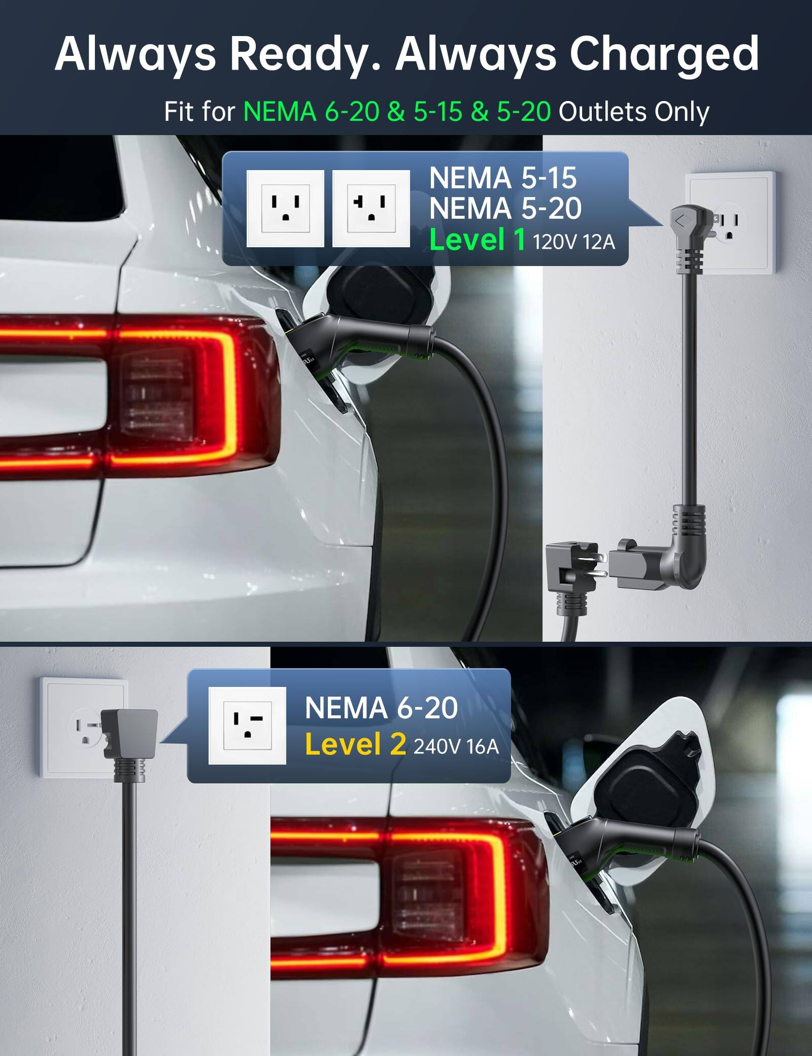 Always Ready. Always Charged  
Fit for NEMA 6-20 & 5-15 & 5-20 Outlets Only  

NEMA 5-15  
NEMA 5-20  
Level 1 120V 12A  

NEMA 6-20  
Level 2 240V 16A