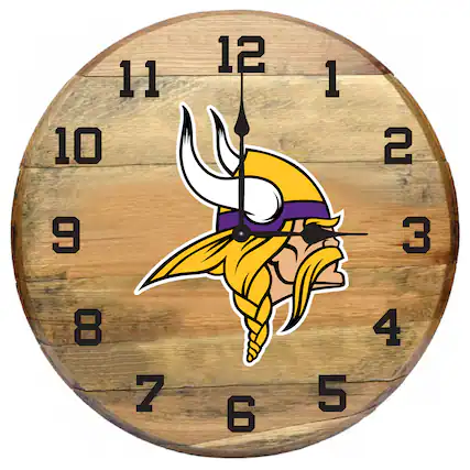Front. Imperial - Minnesota Vikings Oak Barrel Clock - Multicolor.