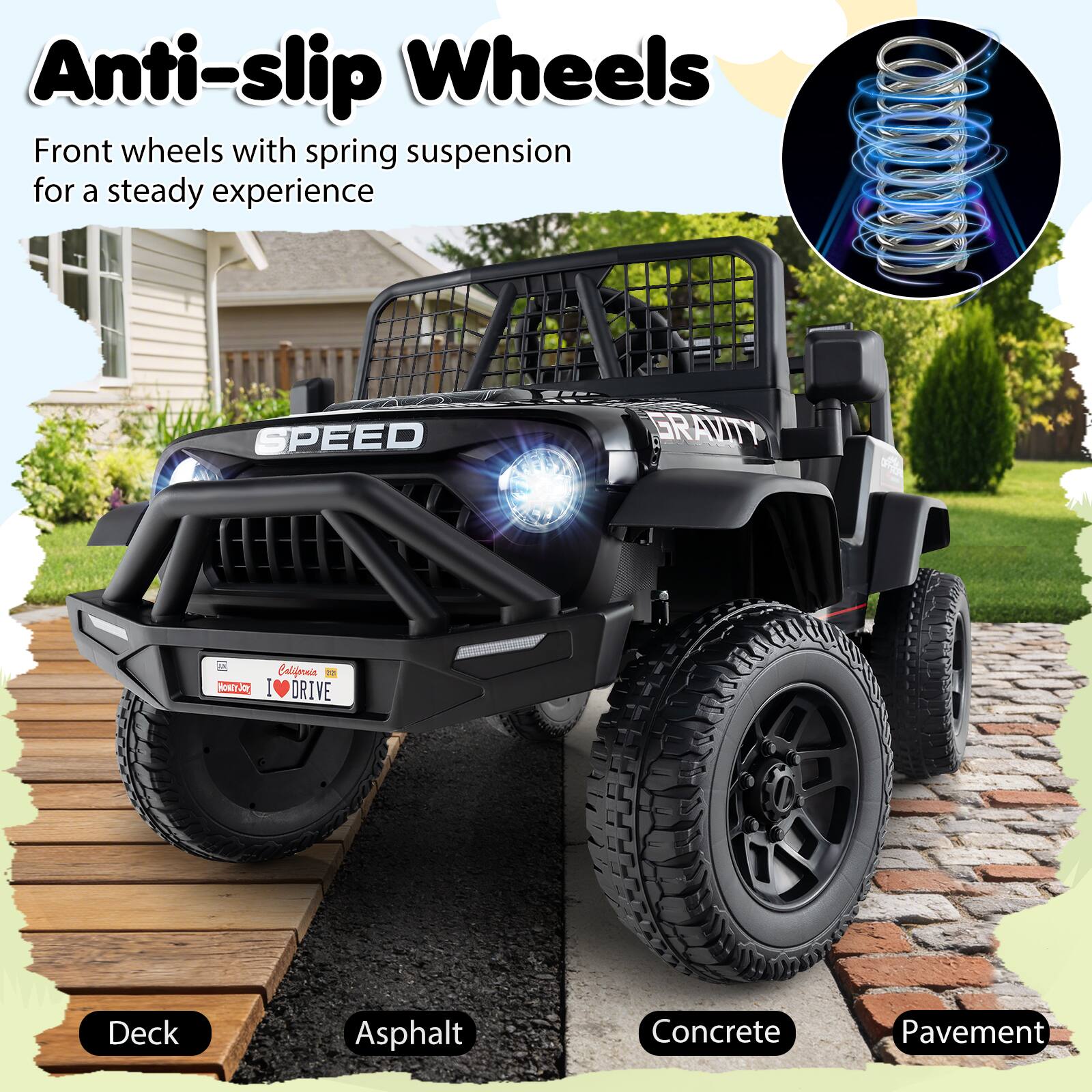 Anti-slip Wheels  
Front wheels with spring suspension for a steady experience  

Deck  
Asphalt  
Concrete  
Pavement