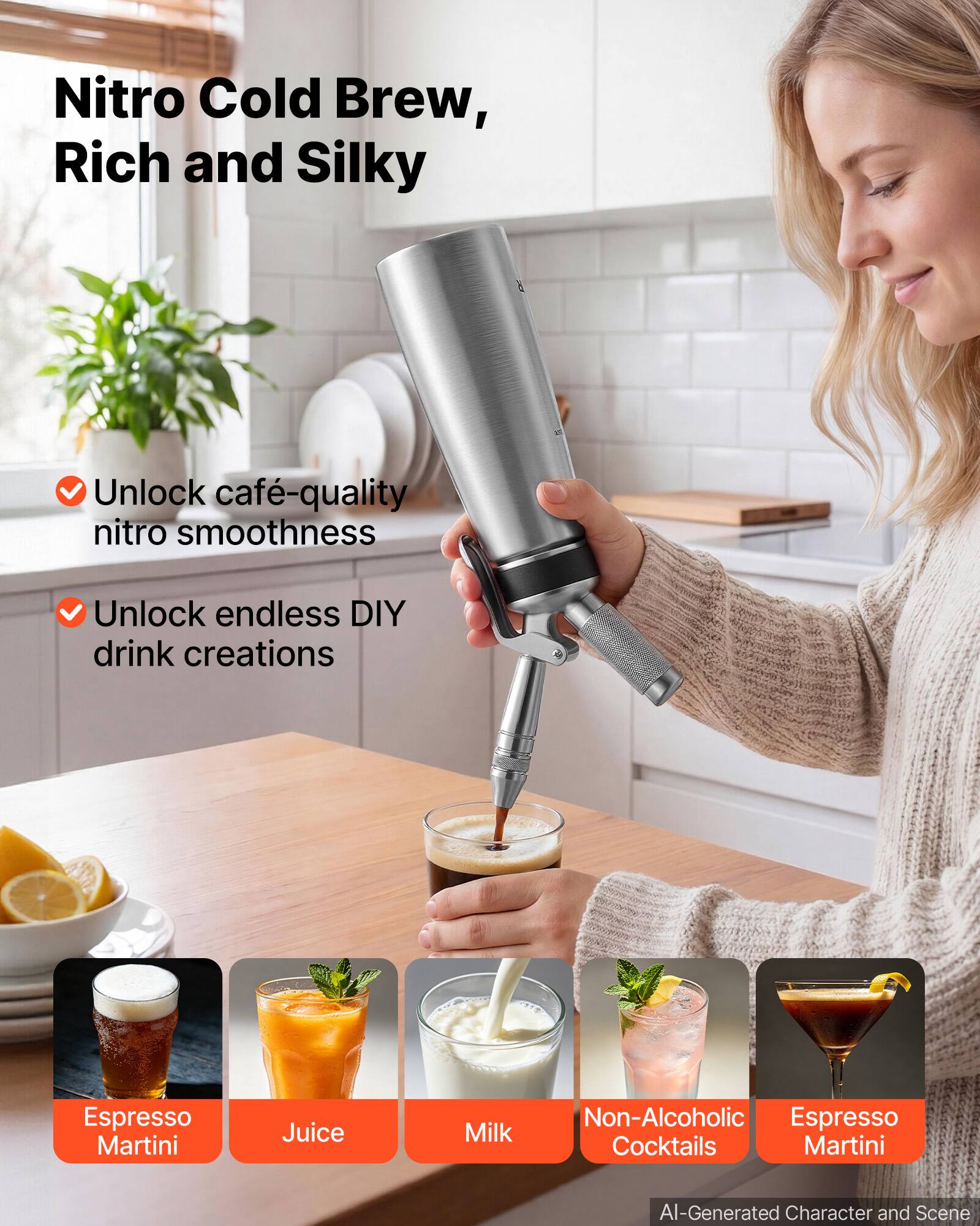 Nitro Cold Brew, Rich and Silky

Unlock café-quality nitro smoothness
Unlock endless DIY drink creations

Espresso Martini
Juice
Milk
Non-Alcoholic Espresso Cocktails

AI-Generated Character and Scene