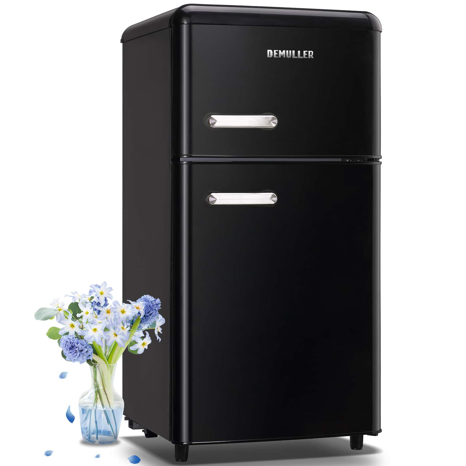 DEMULLER - Small 3.5 Cu.Ft Retro Refrigerator with 2 Handles, 7 Adjustable Temperature Control for Home Kitchen - Black