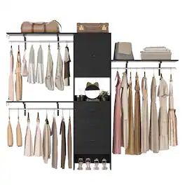 Aheaplus - 8FT Heavy Duty Walk-In Closet System with Doors, 3 Shelves, 3 Wood Drawers, 96"L x 16"W x 80"H, 1000 LBS Max Load - Black