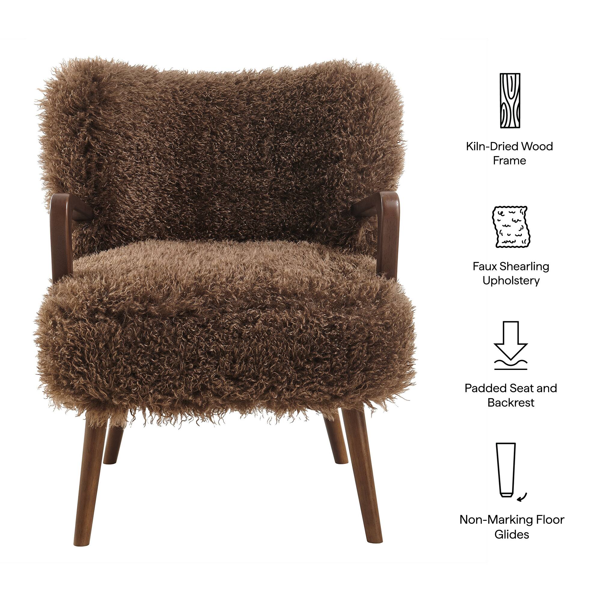 - Kiln-Dried Wood Frame
- Faux Shearling Upholstery
- Padded Seat and Backrest
- Non-Marking Floor Glides
