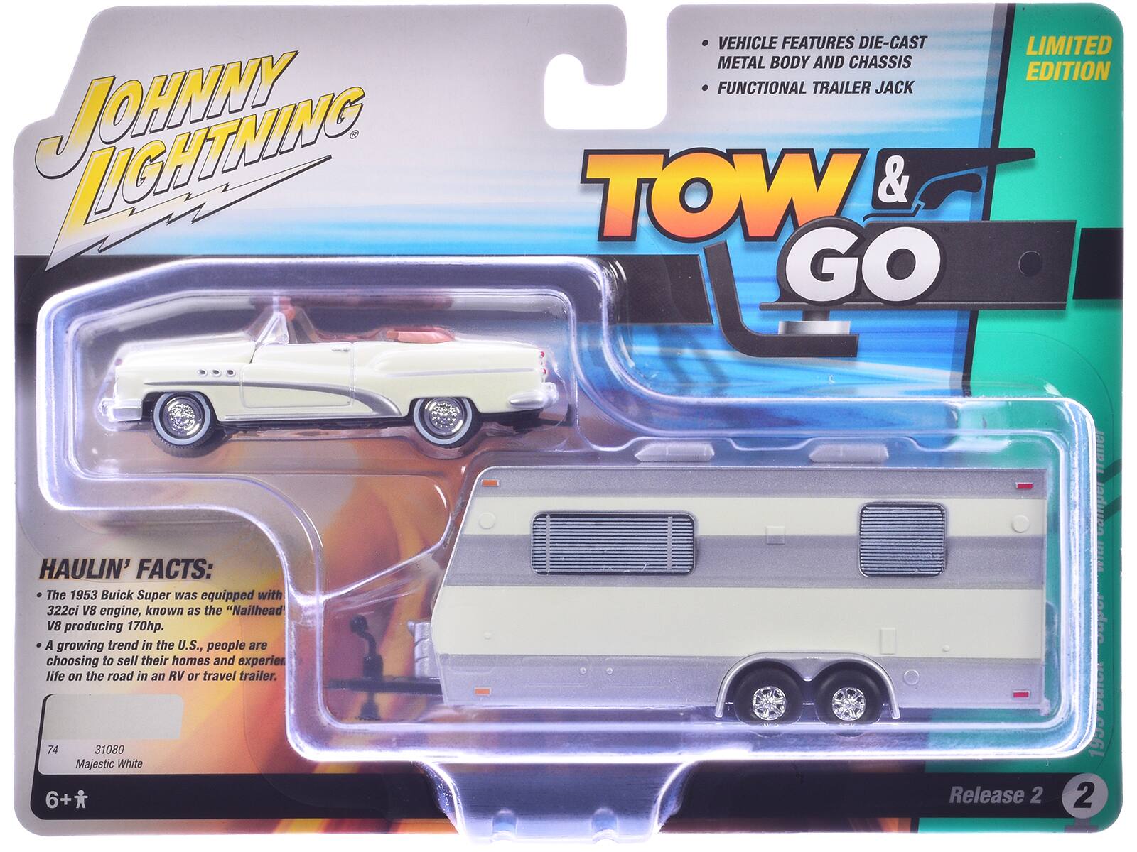 JOHNNY LIGHTNING

VEHICLE FEATURES DIE-CAST METAL BODY AND CHASSIS FUNCTIONAL TRAILER JACK

TOW & GO

LIMITED EDITION

HAULIN' FACTS:
- The 1953 Buick Super was equipped with 322ci V8 engine, known as the "Nailhead" V8 producing 170hp.
- A growing trend in the U.S., people are choosing to sell their homes and experience life on the road in an RV or travel trailer.

74 31080 Majestic White

6+*

Release 2