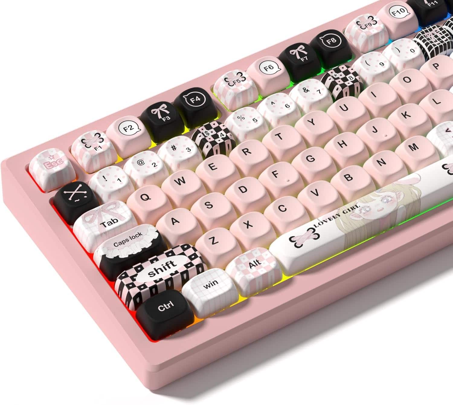 Womier - MOA Profile PBT Keycaps,Cute Style Keycap Set with Cute Icons for All US Layout Cherry MX Switch Mechanical Keyboard - Black-Pink