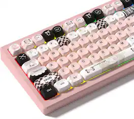 Womier - MOA Profile PBT Keycaps,Cute Style Keycap Set with Cute Icons for All US Layout Cherry MX Switch Mechanical Keyboard - Black-Pink
