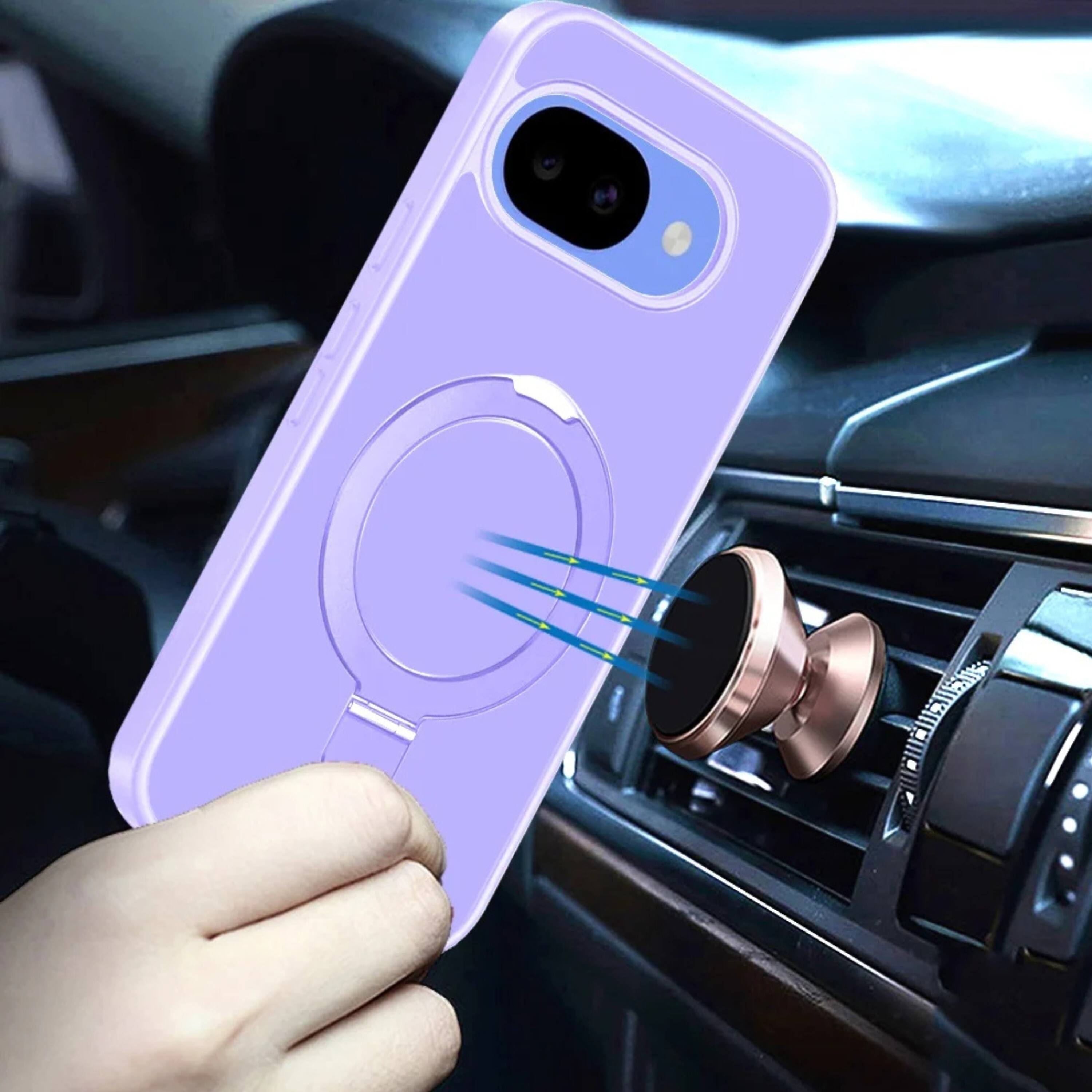 Angle. Kitcheniva - Matte Finish Metal Circle Ring Stand Rugged Cover Phone Case With Tempered Glass For Google Pixel 10a Light Purple - Light Purple.