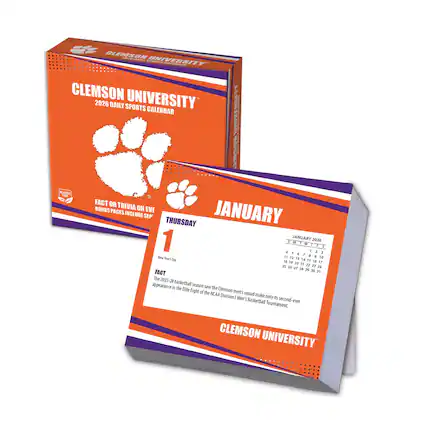 CLEMSON UNIVERSITY
2026 DAILY SPORTS CALENDAR
FACT OR TRIVIA ON EVERY PAGE!
JANUARY
THURSDAY
1
New Year's Day
FACT
The 2023-24 basketball season saw the Clemson men's squad make its second-ever appearance in the Elite Eight of the NCAA Division I Men's Basketball Tournament.
JANUARY 2024
S M T W T F S
1 2 3 4 5 6 7
8 9 10 11 12 13 14
15 16 17 18 19 20 21
22 23 24 25 26 27 28
29 30 31
The Clemson men's squad make its second-ever appearance in the Elite Eight of the NCAA Division I Men's Basketball Tournament.
CLEMSON UNIVERSITY