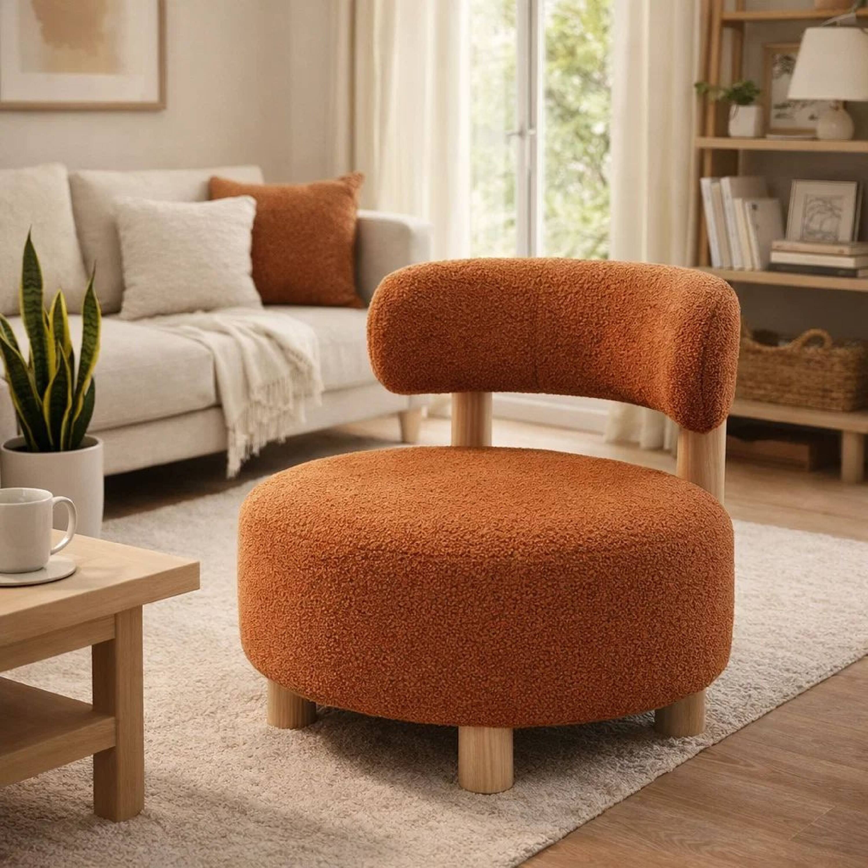 Alt View 7. Manhattan Lane - Zona Accent Chair, Barrel Back, Orange Boucle Fabric and Brown Wood - Orange, Brown.